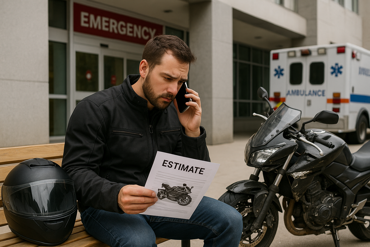 사고 후 병원 앞에 앉아있는 오토바이 라이더