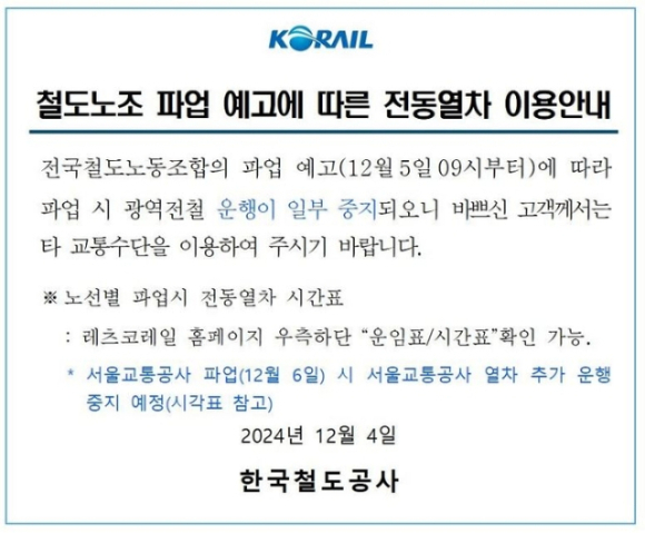 전국철도노동조합이 5일 오전 첫 열차 운행 시점부터 무기한 총파업에 돌입했다. 사진은 한국철도공사가 홈페이지에 올린 파업 관련 공고. [사진=한국철도공사 홈페이지]