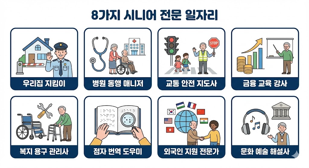 8가지 신규 직무를 아이콘(청진기, 돈, 휠체어 등)으로 분류하여 한눈에 보여주는 인포그래픽