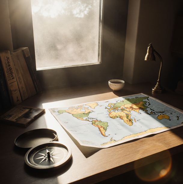 나침반과 지도가 놓인 책상, 그 위로 부드러운 햇빛이 비치는 장면으로 방향성과 희망을 상징 한다.