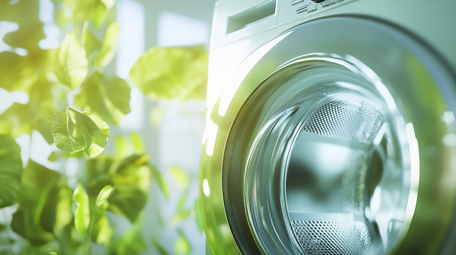 최고의 에너지 등급을 가진 에너지 효율적인 세탁기의 근접 촬영으로, 친환경적인 집의 배경