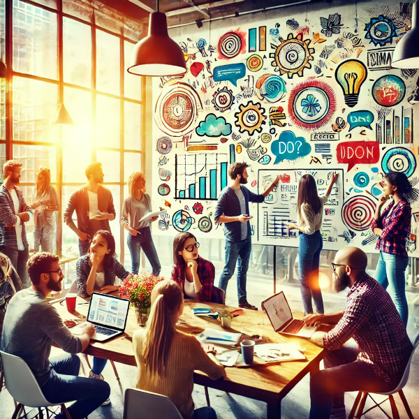 브레인스토밍하는 팀, 사용자 피드백을 듣는 장면, 초기 제품을 테스트하는 모습 등 창업 과정 이미지