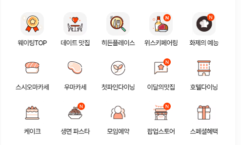 캐치테이블 어플의 한 장면.
웨이팅, 데이트 맛집 등 각종 테마별 메뉴가 진열되어 있다.