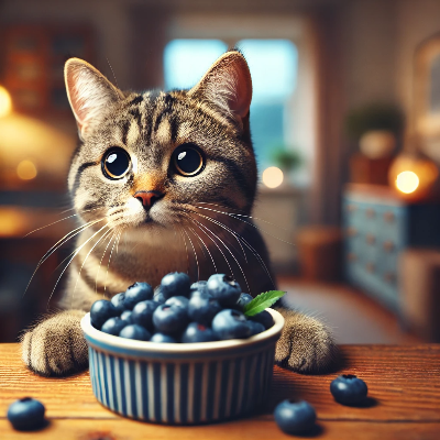 맛있는 블루베리를 먹을 준비하는 고양이