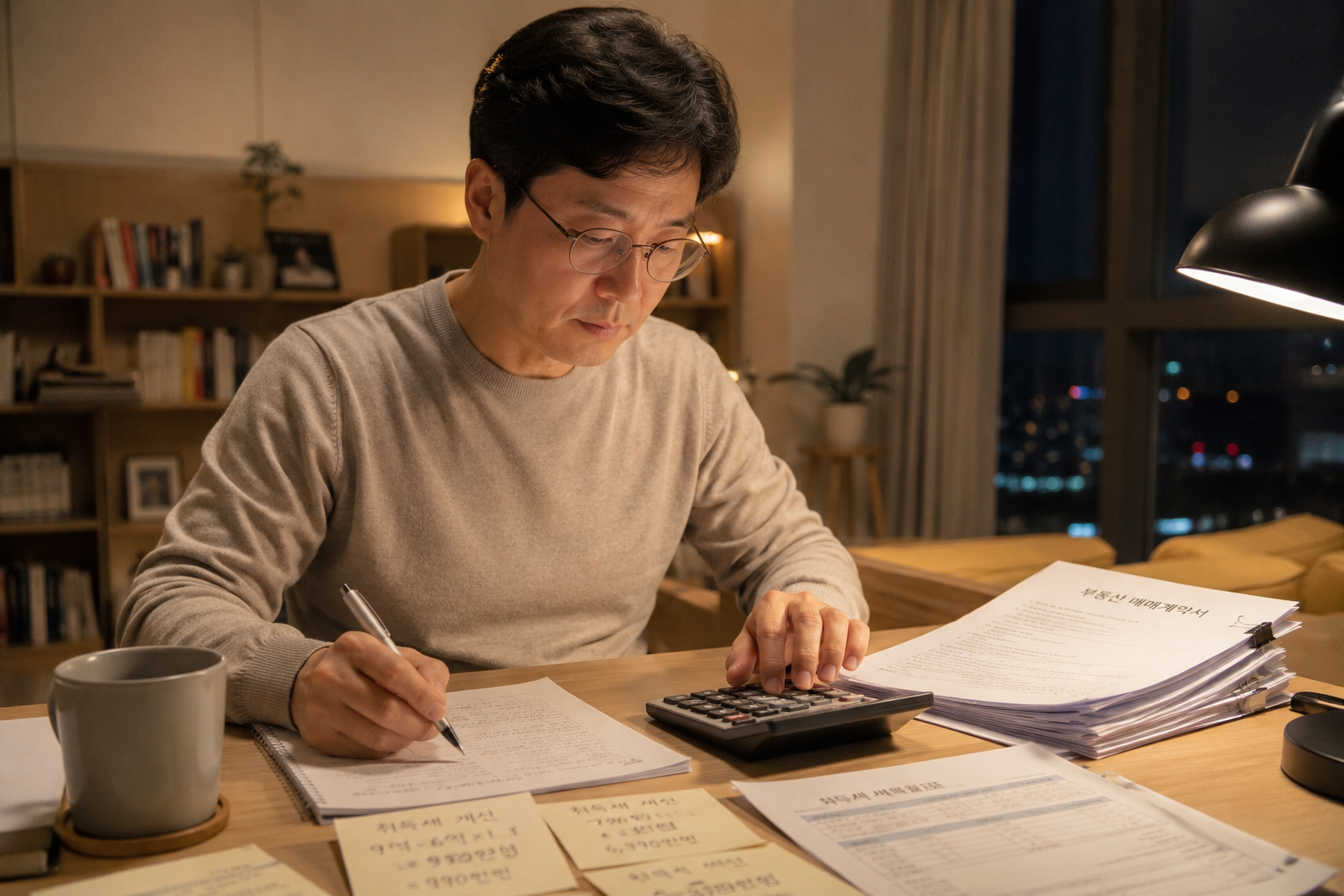 책상 위에 계산기, 계약서 서류 더미, 세금 관련 메모지가 놓여 있고, 40대 남성이 취득세 계산을 하고 있는 장면.
집에 있는 서재 또는 작업 공간, 저녁 시간대, 꼼꼼하게 계산하는 집중된 분위기.
오피스텔 매매 시 세금을 설명하는 본문 중간에 배치할 이미지.