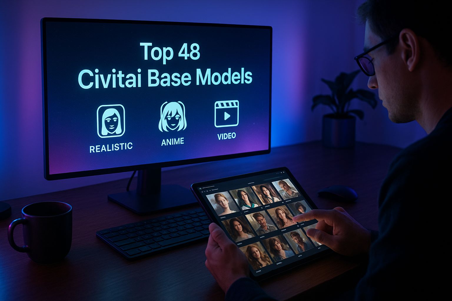 Civitai에서 제공하는 AI 이미지 생성용 48가지 베이스 모델 비교표와 특징 설명 배너