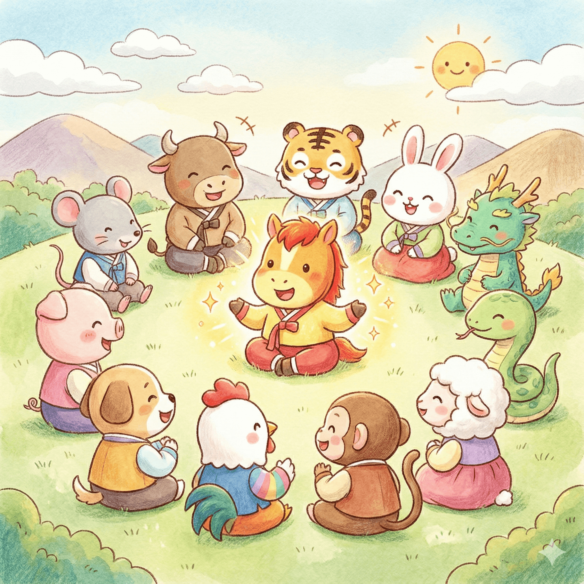 12지신 캐릭터가 모여있는 귀여운 일러스트