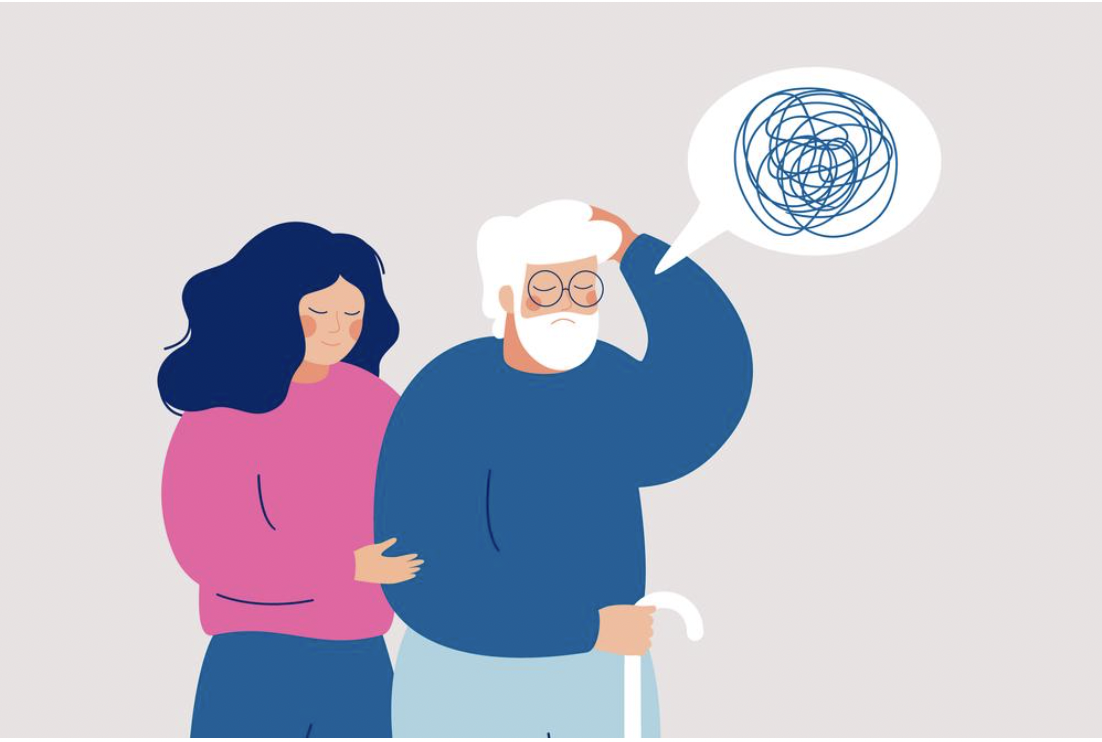 여성이 지팡이를 짚고 있는 노인을 부축하고 있는 일러스트