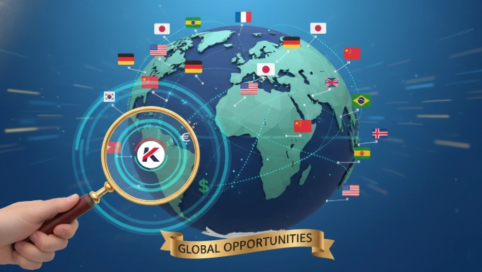 전 세계 지도를 배경으로 한국 기업이 해외 시장으로 진출하는 모습을 표현하며, 수출바우처의 글로벌 지원을 상징합니다.