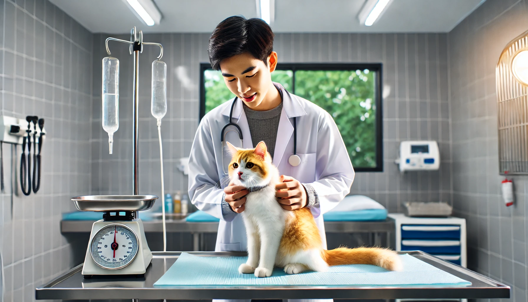 고양이가 동물병원 테이블에 앉아있고 수의사가 고양이를 정성스럽게 진료하고 있는 이미지