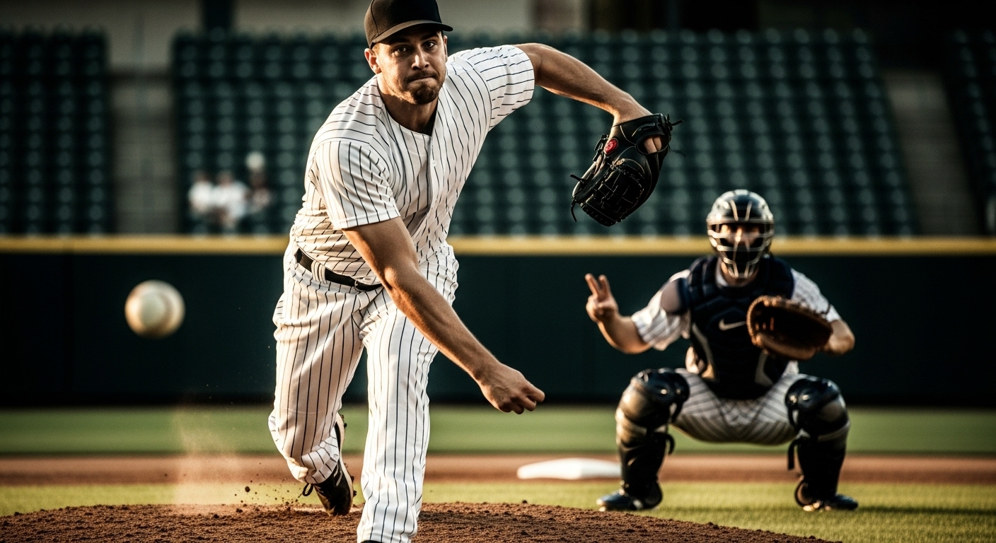 마운드 위에서 역동적으로 투구하는 투수와 사인을 보내는 포수의 모습