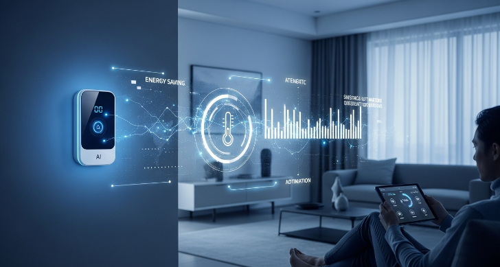 스마트 AI 온도 조절기가 설치된 현대적인 거실에서 한 사람이 편안하게 휴식하는 모습. 화면에 에너지 절약 데이터가 시각적으로 표시되어 인공지능 기반의 효율적인 온도 관리를 보여줍니다.