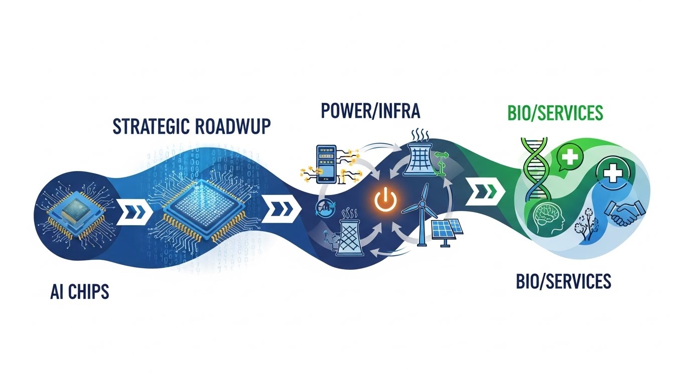 A strategic roadmap infographic showing the evolution from AI Chips to PowerInfra and then to BioServices.