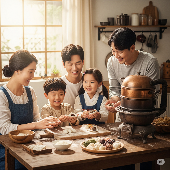 온 가족이 함께 송편을 빚는 한국인 가족의 모습