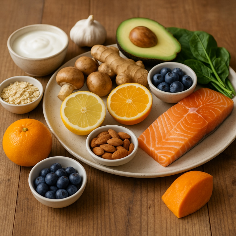 면역력 높이는 블루베리 아몬드 요거트 버섯 시금치 마늘 녹차 호박 연어