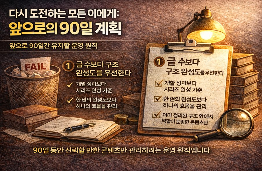 블로그 재도전 기간 동안 글 수보다 구조 완성도를 우선하는 운영 원칙을 정리한 이미지