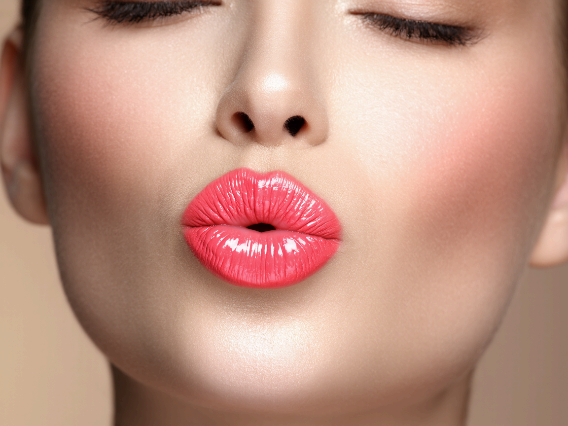 입술을 강조한 촉촉한 핑크 립 메이크업.