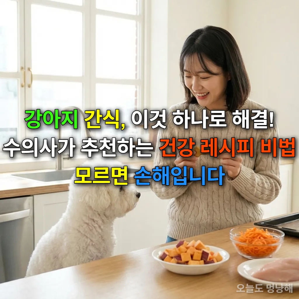 수의사가 추천하는 건강한 수제 강아지 간식을 들고 있는 여성과 그 간식을 바라보는 강아지