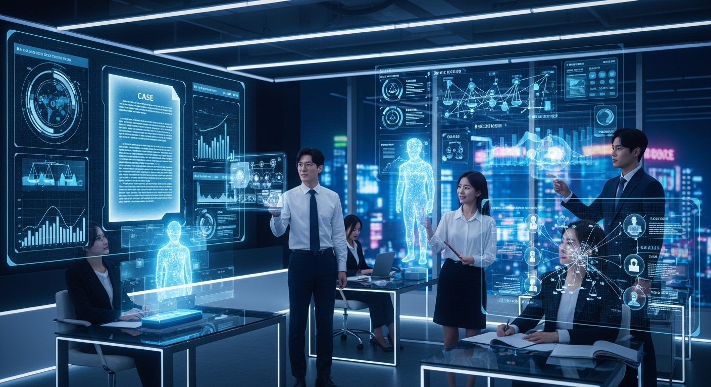 미래형 법률 사무실에서 AI홀로그램과 협업하는 변호사들