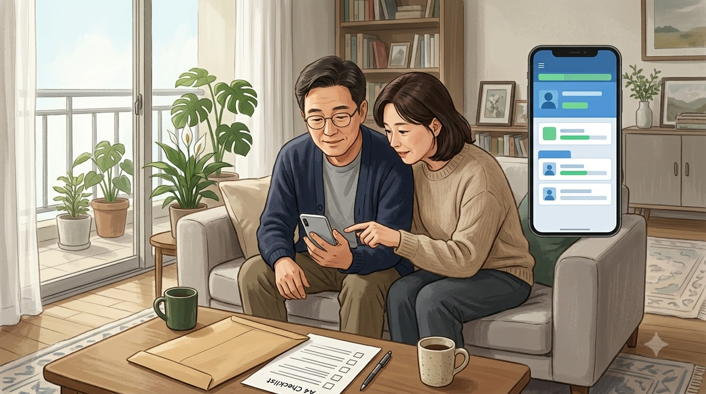 거실 소파에서 부모가 스마트폰 증권 앱으로 아이 계좌를 만드는 모습, 옆에 서류 봉투