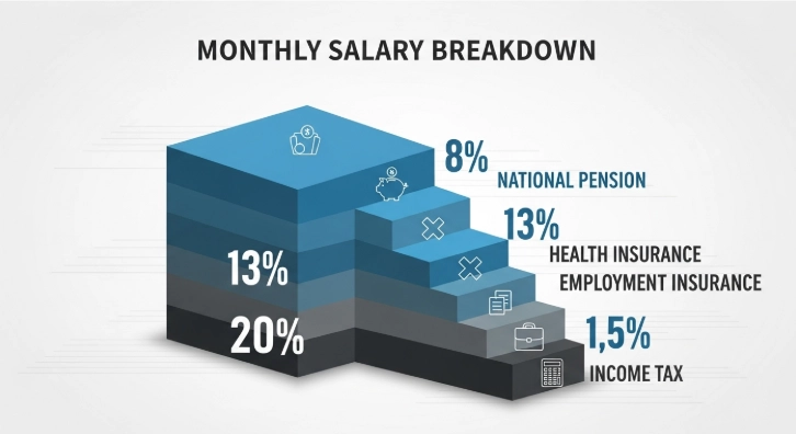 월급에서 4대 보험과 세금이 공제되는 과정을 보여주는 인포그래픽