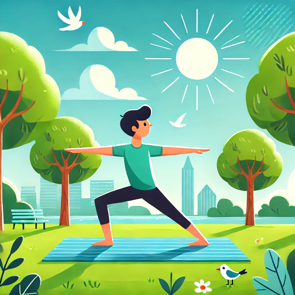 태양 아래에서 요가하는 모습
