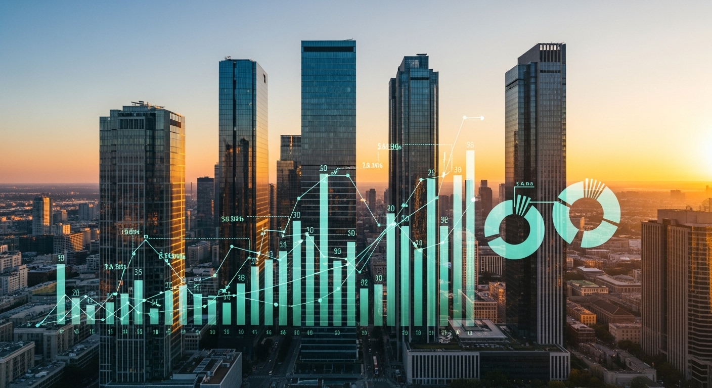 도시의 스카이라인과 기업 재무 그래프가 어우러진 이미지, 법인세 개편과 기업 전략을 시사.