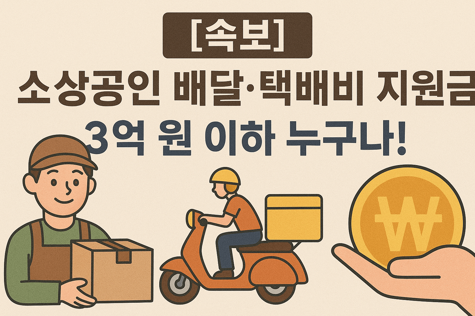 [속보] 소상공인 배달&middot;택배비 지원금 확대! 3억 원 이하 누구나 30만 원 현금 지원!
