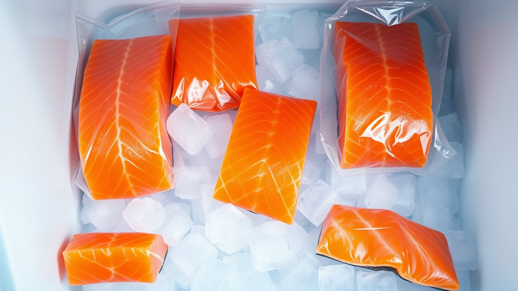 냉동실에 얼음과 함께 연어 보관