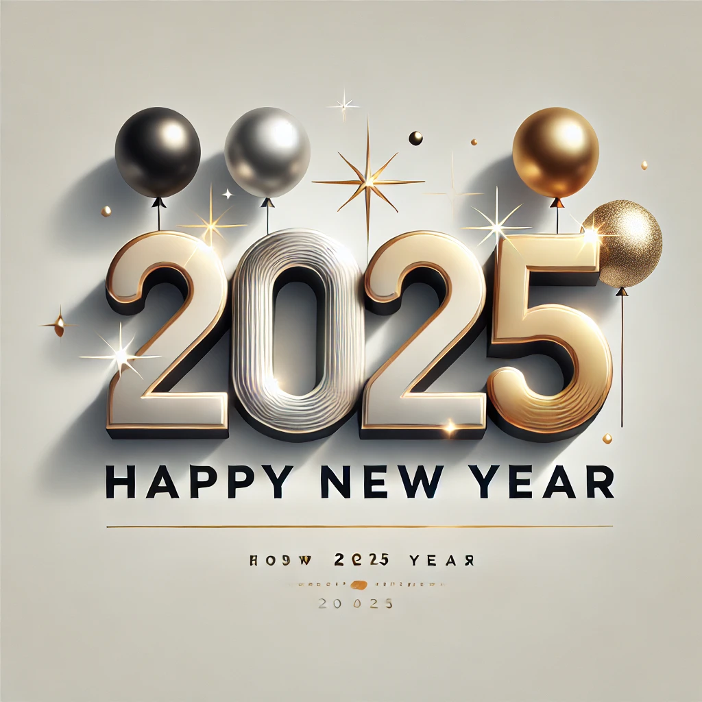 모던한 스타일로 표현된 &amp;#39;2025&amp;#39; 숫자와 따뜻한 새해 인사말&amp;#44; 금색과 은색 풍선이 어우러진 구성