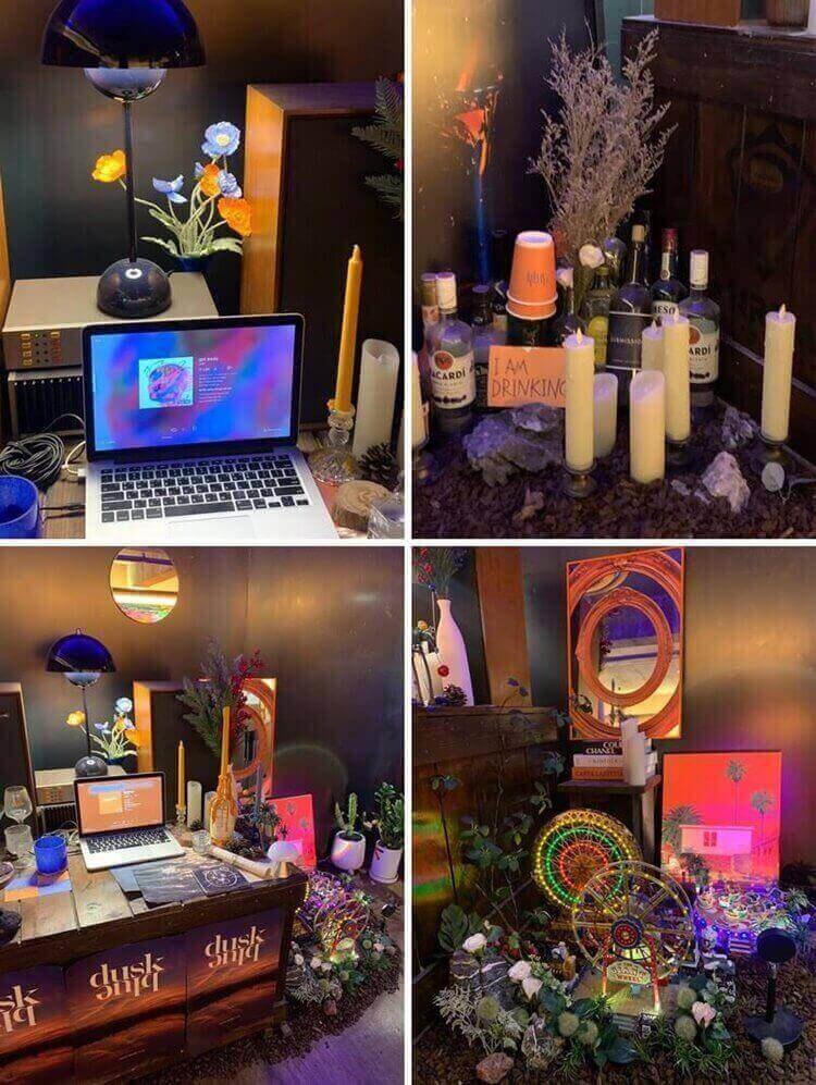 빛나오는 관람차, 촛불 장난감, 돌, 식물, 사진 등의 인테리어