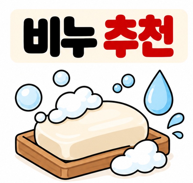 고형 비누와 거품 아이콘 옆에 비누 추천 문구를 크게 보여주는 대표 카드