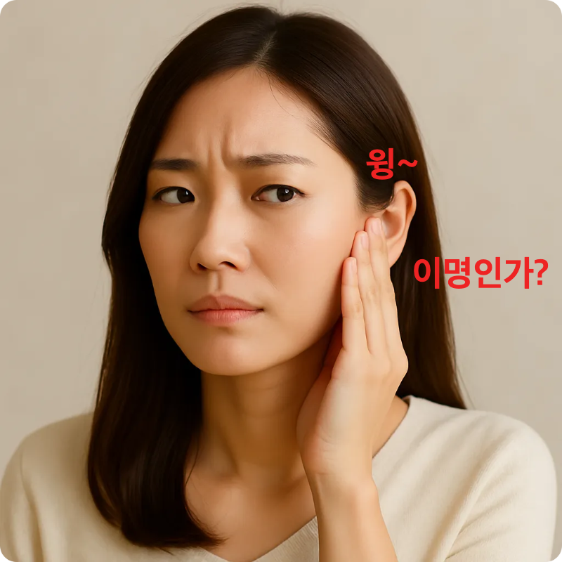 이명을 처음 겪는 듯, 귀를 살짝 만지며 당황하거나 신경 쓰는 표정의 30대 여성