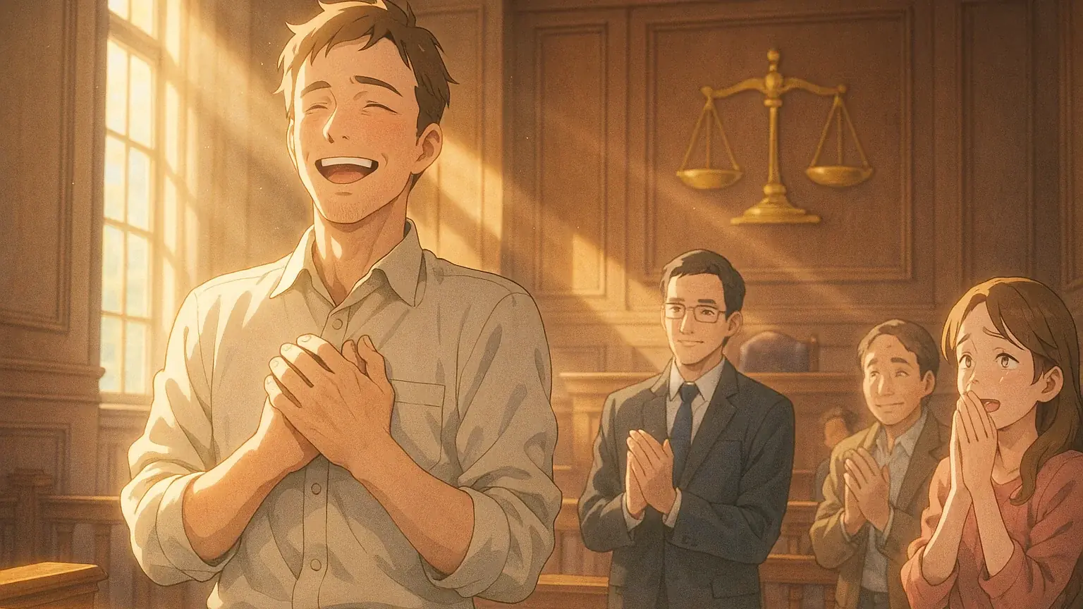 법정에서 무죄 판결을 받고 환하게 웃는 사람의 모습을 담은 희망적인 이미지