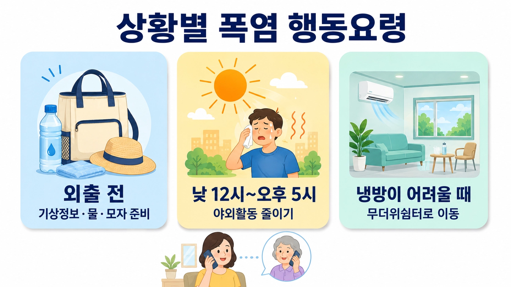 외출 전 준비, 낮 시간 활동 조정, 냉방이 어려울 때 이동 기준을 정리한 폭염 행동요령