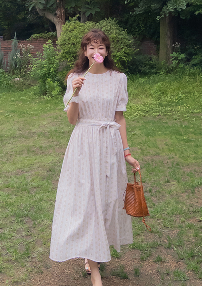 플로아 플라워 스트라이프 반팔 원피스