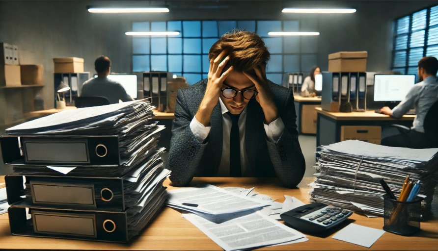 사무실에서 스트레스 받고 있는 직장인 사진