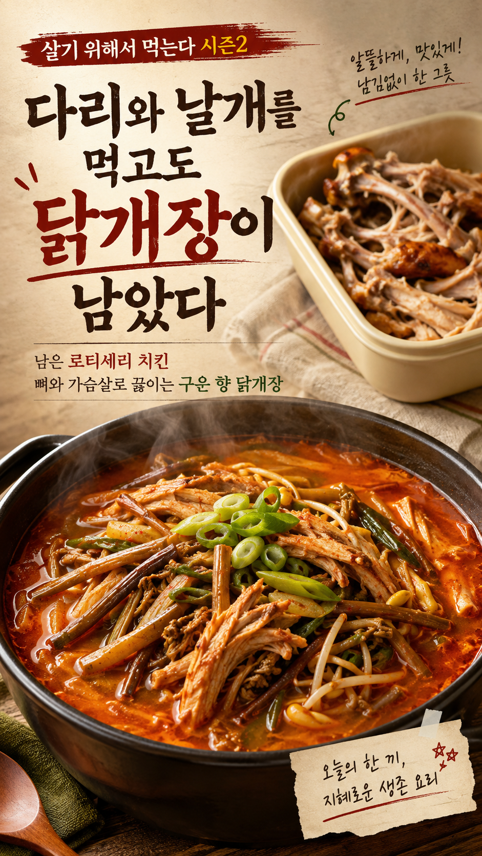 Vertical poster for &ldquo;Eat to Stay Alive Season 2,&rdquo; showing a steaming bowl of spicy Korean dakgaejang made with shredded rotisserie chicken, fernbrake, taro stems, bean sprouts, and green onions, with leftover chicken bones in a container above. Korean text reads, &ldquo;Even after eating the legs and wings, dakgaejang remained.&rdquo;