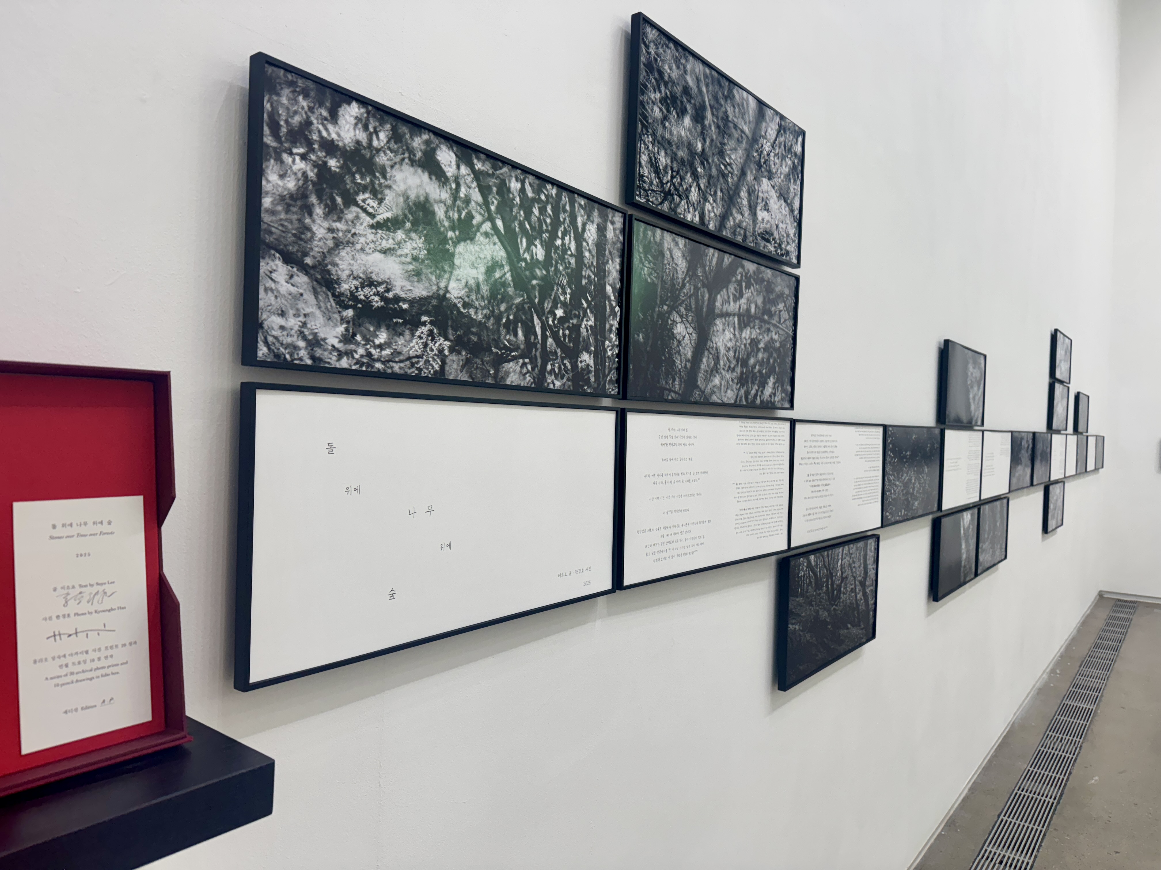 화이트블럭 미디어아트 전시 내부, 벽면을 따라 설치된 사진과 텍스트 작업이 이어진 전시 공간 전경