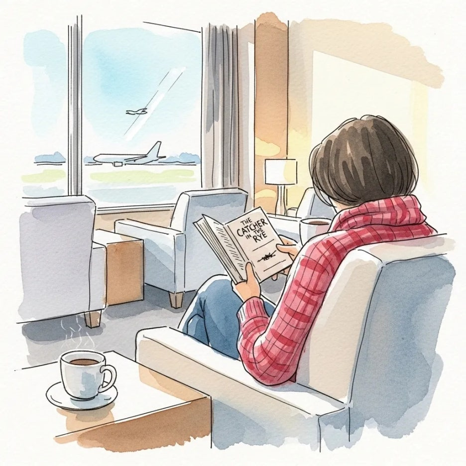 공항 라운지에서 여유롭게 책을 읽는 모습