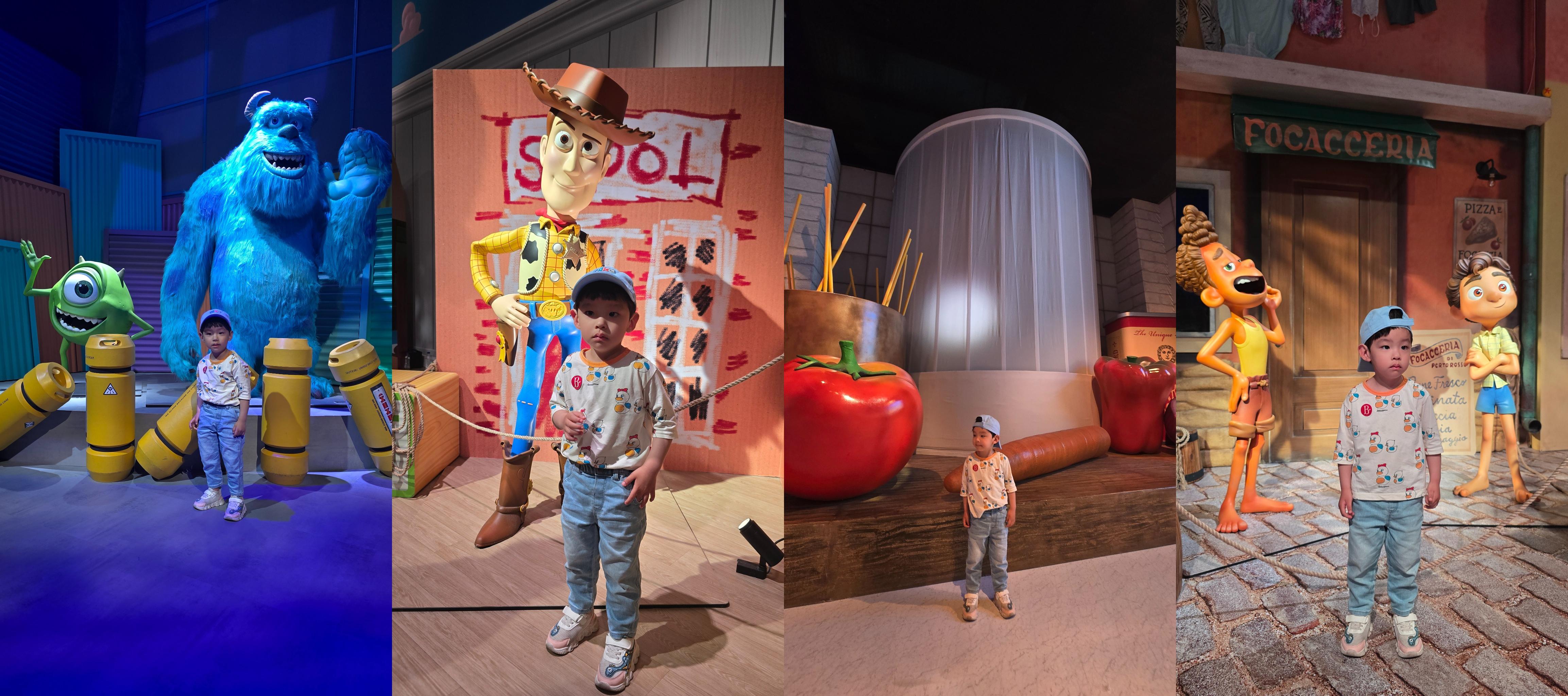 문도 픽사 전시회에서 아이가 몬스터 주식회사, 토이 스토리, 라따뚜이, 루카 존을 체험하며 촬영한 네 컷의 콜라쥬 이미지. 설리와 마이크, 우디, 거대한 토마토와 냄비, 루카와 알베르토 캐릭터가 함께 등장한다.