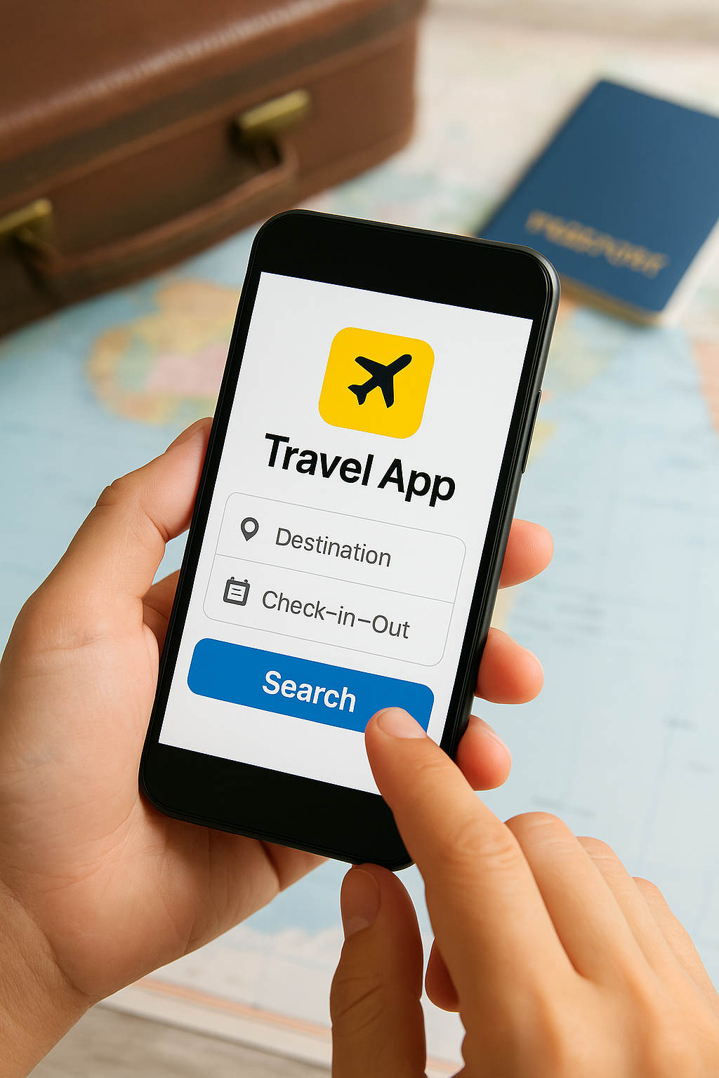 휴대폰 앱으로 여행을 예약하는 이미지