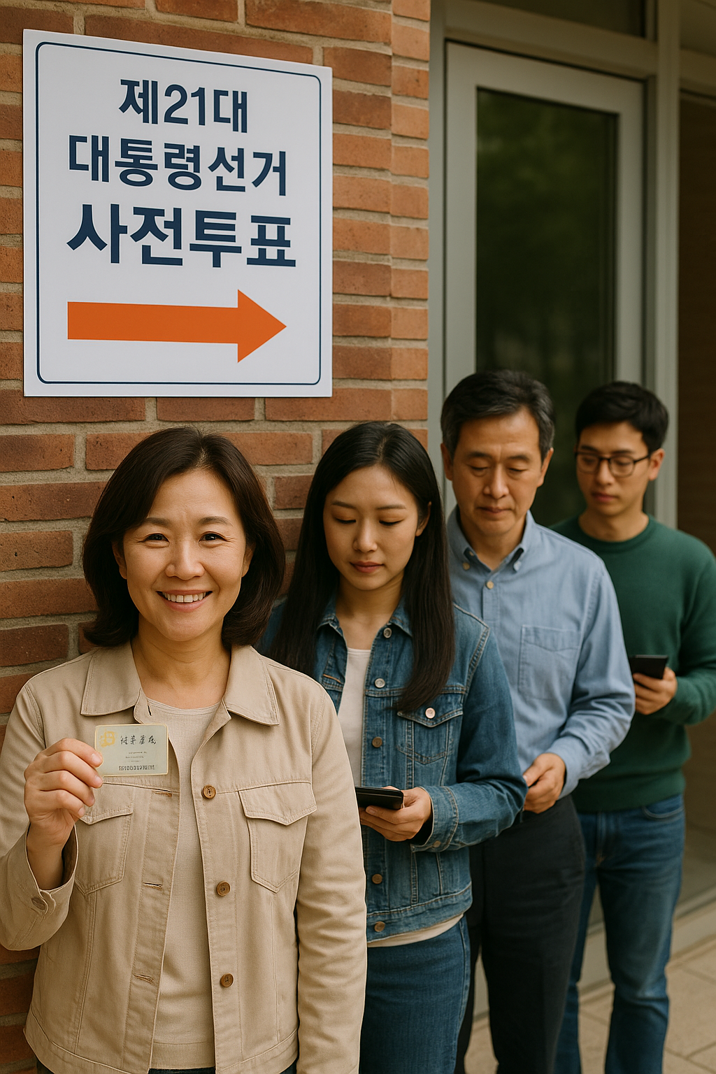 사전투표소 앞에서 줄 서서 신분증을 준비 중인 유권자들의 모습
