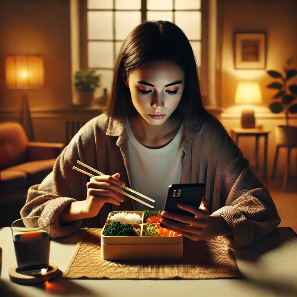스마트폰 사용하는 산만한 식사