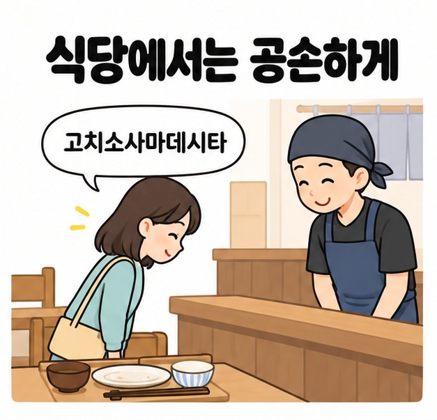 식당에서는 공손하게라는 문구 아래 손님이 직원에게 목례하며 고치소사마데시타라고 말하는 장면