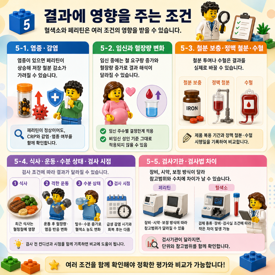 혈색소와 페리틴 결과에 영향을 주는 염증, 임신, 철분 보충, 정맥 철분, 수혈, 식사와 검사 조건을 정리한 레고 스타일 메디컬 인포그래픽