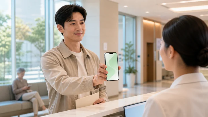 병원 접수대에서 모바일 건강보험증 앱을 보여주는 방문자