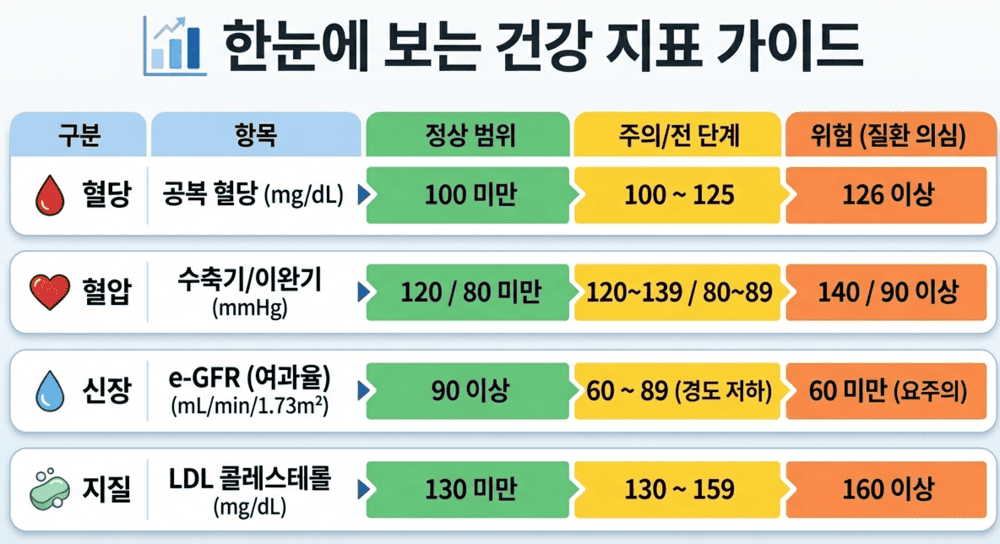 한눈에 보는 건강 지표 가이드 표 공복 혈당 혈압 신장 e-GFR 지질 LDL 콜레스테롤 정상 및 위험 수치 기준 Health indicator guide table for fasting blood sugar, blood pressure, kidney e-GFR, and LDL cholesterol