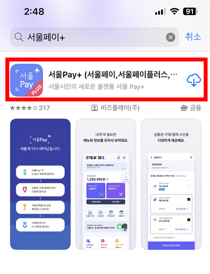 서울페이 앱 설치 화면