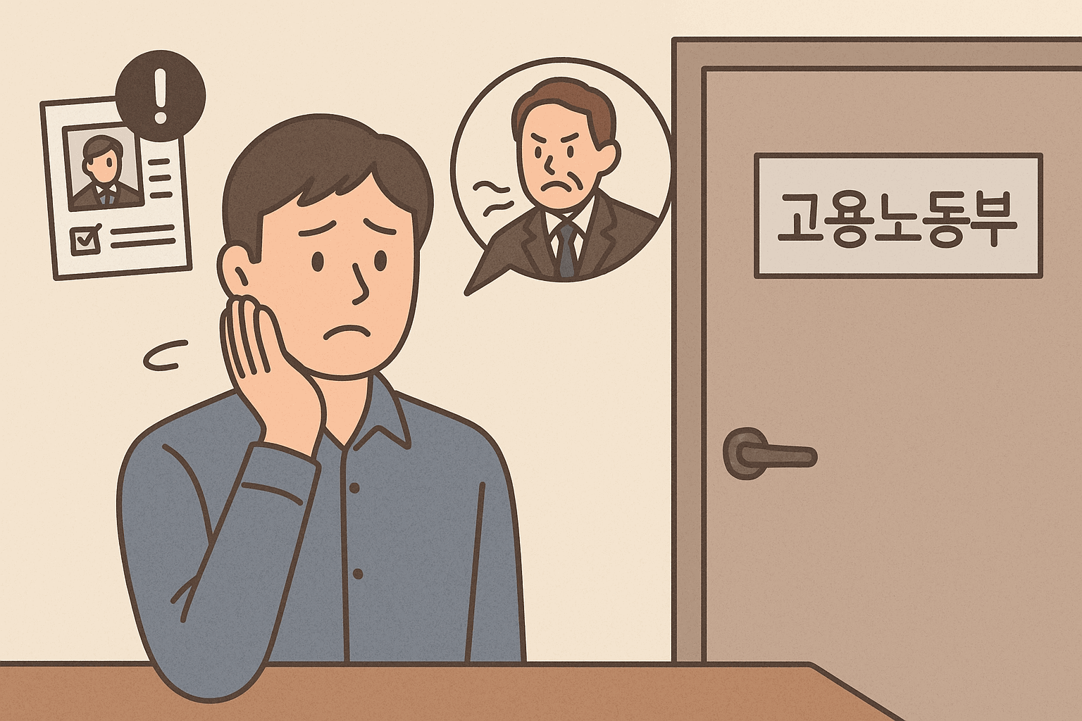 퇴직 후 사업장과의 문제로 인하여 고용노동부 출석을 한 근로자를 시각적으로 표현한 일러스트 이미지